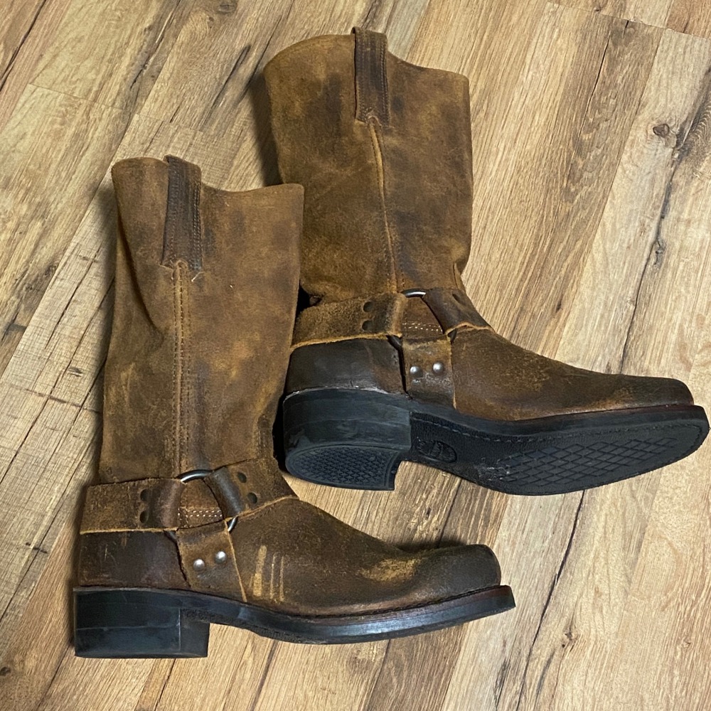 Frye Harness 12R Brown Distressed Leather Square Toe Moto Boots Women's Size 8M - Picture 7 of 10